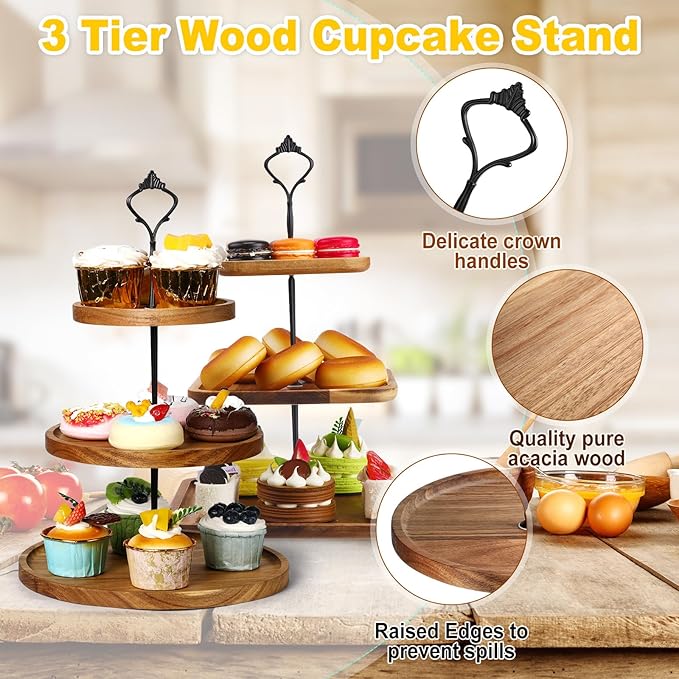 Zopeal 4 Pcs 3 Tier Serving Tray Square Wooden 3 Tiered Cake Stand Round Acacia Wood Serving Stand Rustic Cupcake Stand for Dessert Farmhouse Serving Stand Display for Wedding Tea Party