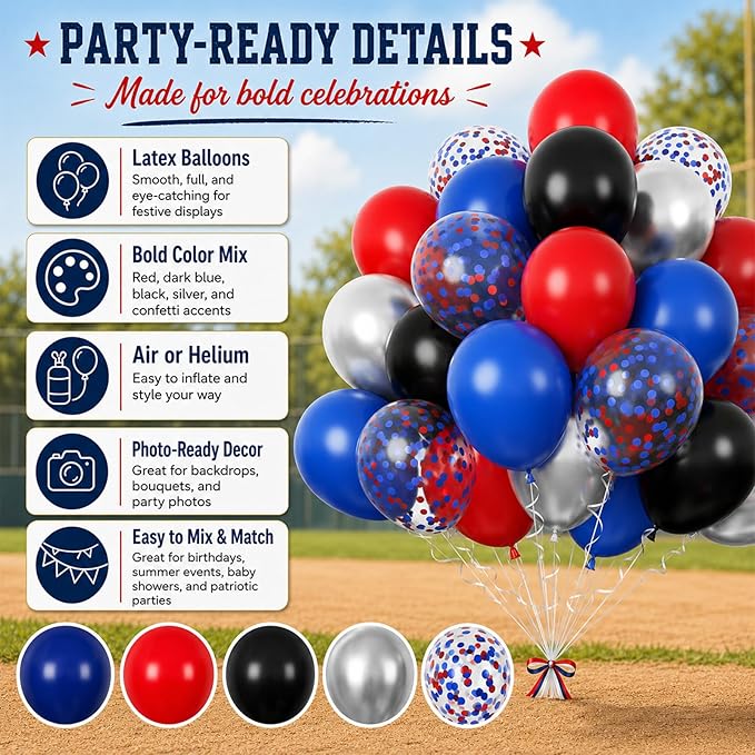 Red and Blue Balloons, 60PCS Blue Red Balloon Set, 12 Inch Patriotic Latex Metallic Confetti Balloons for Independence Day 4th of July Birthday Graduation Memorial Day Party Decor