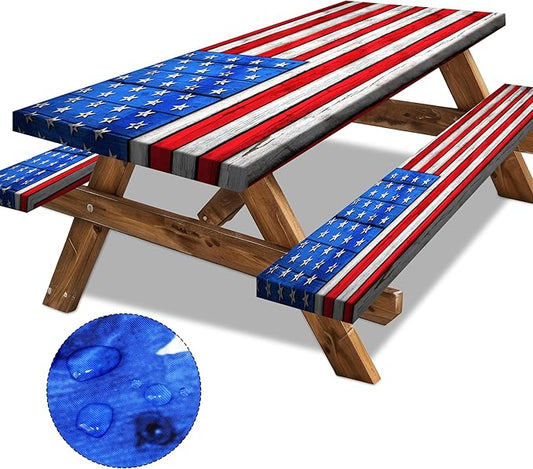 American Flag Picnic Table Cover with Bench Covers Set Wood Texture Waterproof Windproof Camping Rectangle Tablecloths Fitted Picnic Table Cover for Outdoor,Picnic,Camping (Red, 3pcs-72" x 30")