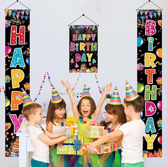 3 PCS Colorful Happy Birthday Banner Door Porch Sign Photography Black Background Party Supplies for Kids Boys Girls Birthday Party Supplies Indoor Outdoor Decor(Black)
