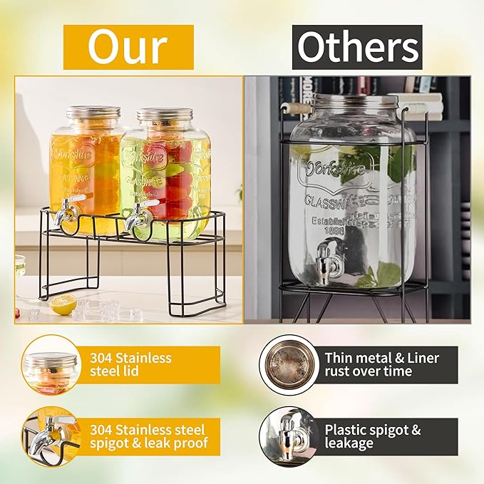 1 Gallon Glass Beverage Dispenser -Set of 2, Drink Dispenser with Stand & Fruit Infuser, Stainless Steel Spigot - Glass Drink Dispensers for Parties, Drink Dispensers with Lids for Lemonade Sun Tea