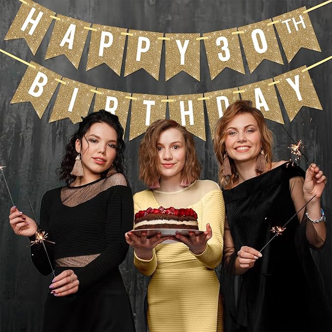 Netnology Pre-Strung Gold Happy 30th Birthday Banner Decorations,12 ft No DIY Gold Glitter 30th Birthday Party Banner Sign Decor for Women Men Girl Boy Party Supplies