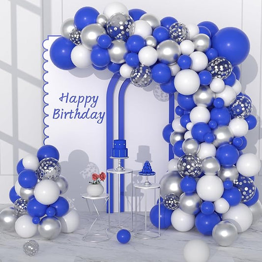 Blue White Silver Balloon Garland Arch Kit, 122PCS Royal Blue White Metallic Silver Confetti Balloon for Birthday Engagement Anniversary Baby Shower Retirement Graduation Gaming Beer Party Decoration