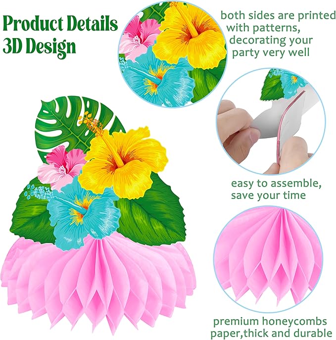 Hawaiian Tropical Party Honeycomb Centerpieces 12Pcs Hibiscus Flower Palm Leaves Centerpieces for Tables Hawaiian Flower Centerpieces Decorations for Hawaii Luau Aloha Party Supplies