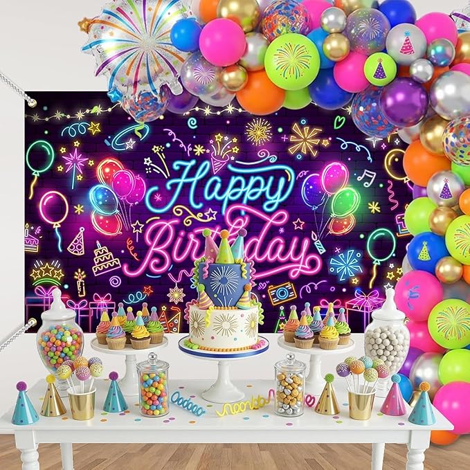 Mocsicka Neon Happy Birthday Banner Backdrop Glow in The Dark Graffiti Party Backdrop Decorations for Kids Adults Mustic Let's Glow Birthday Background Party Decorations (Purple, 8x6ft (96x72 inch))