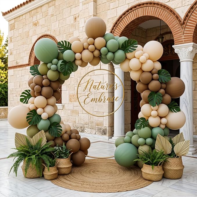 RUBFAC 135pcs Brown Balloons Different Sizes Pack of 18 12 10 5 Inch, Latex Boho Neutral Coffee Tan Balloon Garland Arch Kit for Baby Shower Jungle Safari Fall Birthday Bear Themed Party Decorations