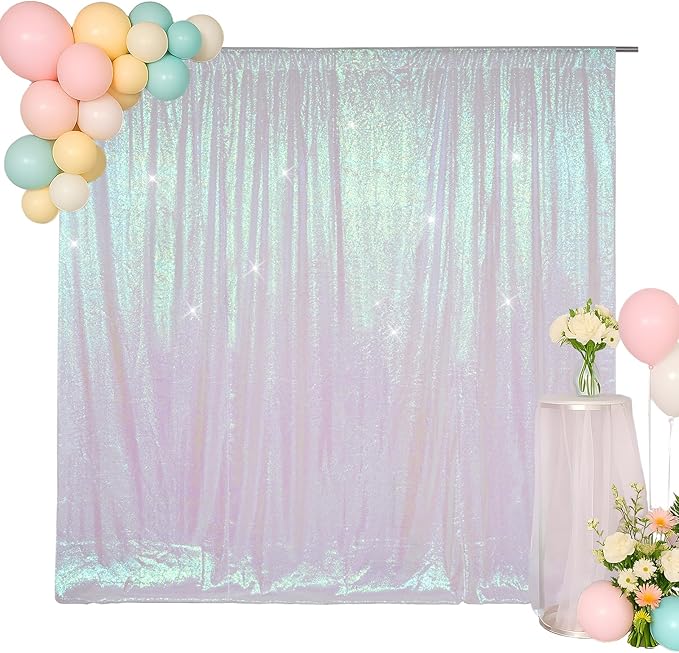 SquarePie 8x8ft Iridescent Sequin Backdrop for Photography, Satin-Backed Real Sequin Curtain, Enhanced Coverage Shimmering Background with 4" Rod Pocket for Wedding, Birthday, Party Decor, 1 Panel
