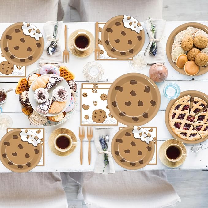 Naozinebi Milk and Cookies Birthday Party Plates Napkins Decorations Chocolate Chip Cookie Tableware Set Cookies Theme Disposable Plate Fork for Kids Boys Girls Birthday Baby Shower Supplies Serve 24