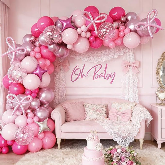 Hot Pink Balloons Garland Arch Kit, Metallic Chrome Magenta Balloon Happy Birthday Decorations Baby Dark Pink Silver Star Confetti Balloons for Girls Birthday Princess Wedding Baby Shower Party Decor