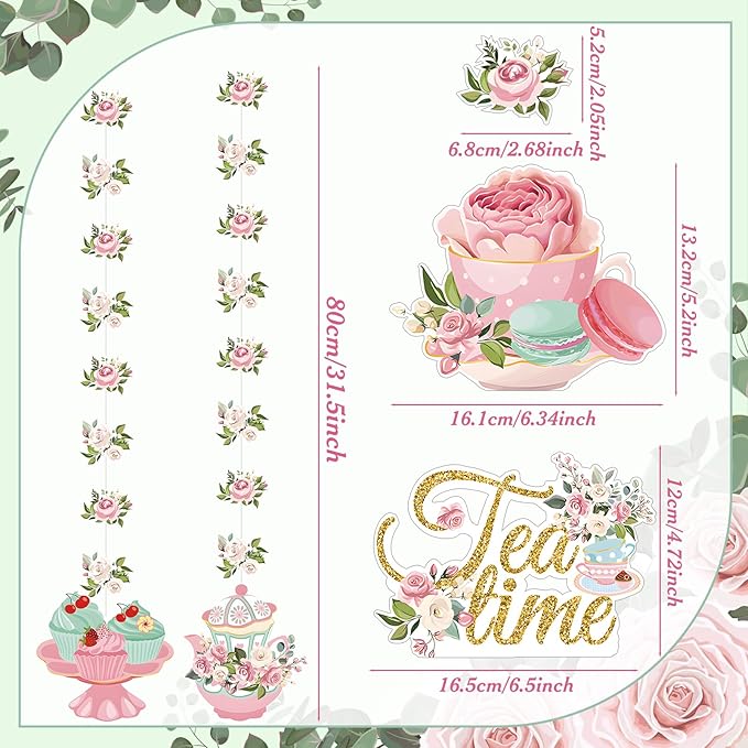 Fullhawl 12 Pack 32'' Tea Party Decorations Floral Double Sided Hanging Garland Floral Tea Party Banner Hanging Decorations for Bridal Shower Princess Birthday Wedding Favors