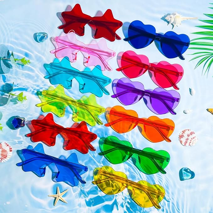 Pibupibu 48 Pack Fun Mixed/Heart/Star Party Sunglasses Bulk Adults, Rimless Colorful Bachelor Party Glasses