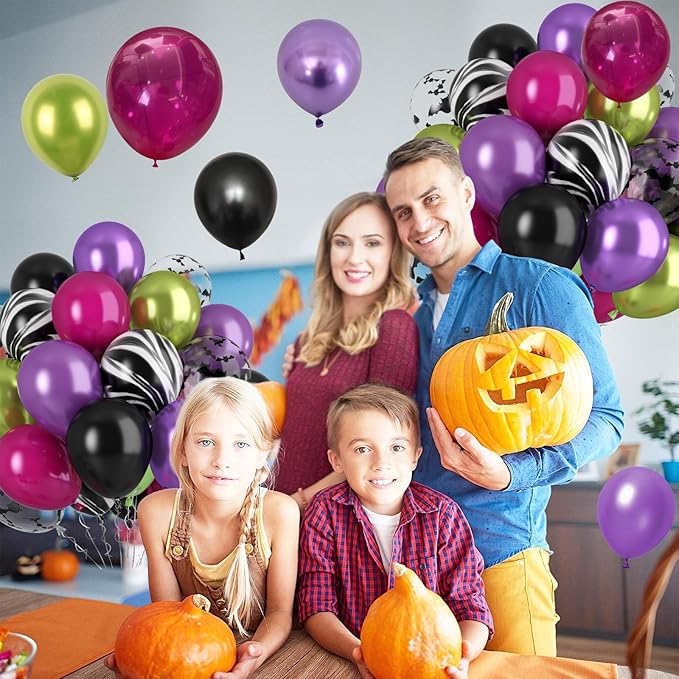 Paready Black Purple Pink Halloween Balloons, 60 Pcs Hot Pink Black Green Party Balloons, Metallic Green Purple Balloon Bat Printed Agate Balloon for Halloween Birthday Home Garden Party Decoration