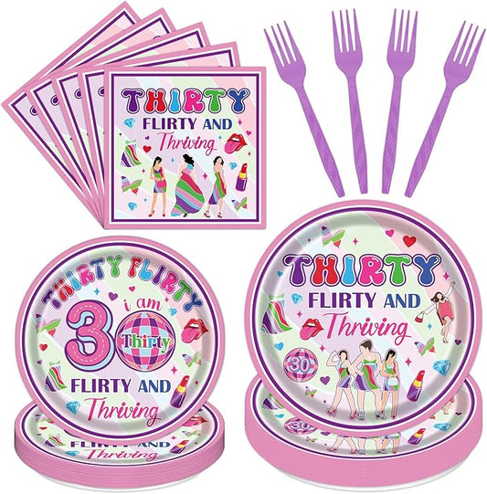 Thirty Flirty and Thriving Decorations - 96 Pcs Pink Talk 30 to Me Disposable Paper Dessert Plates Napkins Forks Tableware Set 30th Birthday Party Supplies for Women Serves 24 Guests
