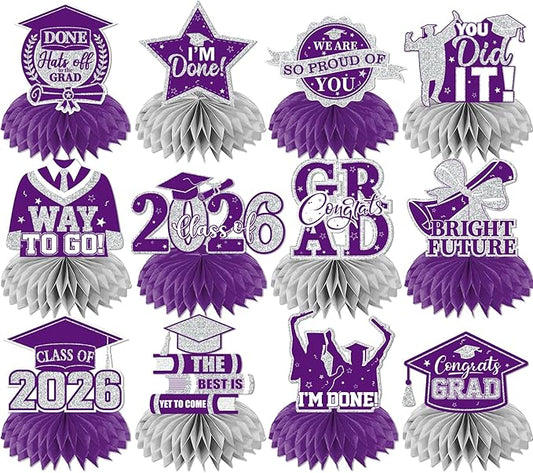 12pcs Graduation Table Decorations 2026, Purple Graduation Decorations 2026 Purple and Silver Graduation Centerpieces for Tables,Class of 2026 Centerpieces Honeycomb for Congrats Grad Table Decor