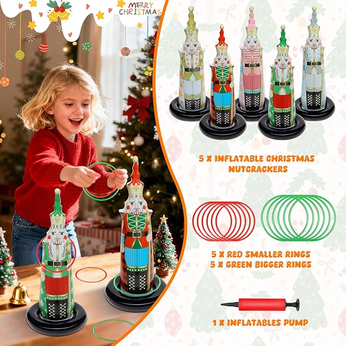 Christmas Ring Toss Games for Family Kids Party 5 Pack Inflatable Nutcrackers Toss Game Adults for Indoor Outdoor Garden Toys Gifts Holiday Decorations