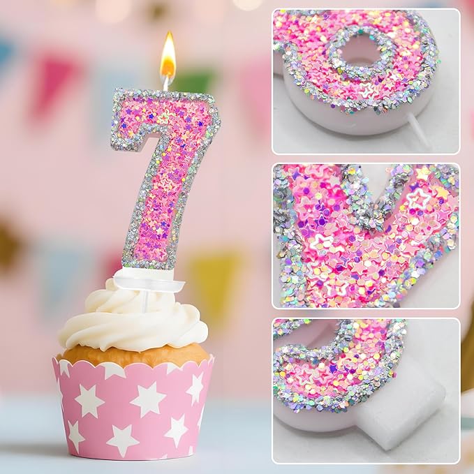 Number 7 Birthday Candle for Cake – Silver Glitter Edge with Pink Star Confetti – Decorative Number Cake Topper for Anniversary & Celebration Party Decor