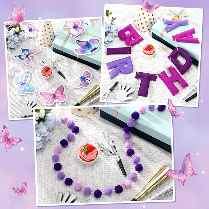 Mindsoft Pre Strung 3 Pcs Happy Birthday Banner Felt Ball Garland Butterflies Banner Reusable Bulk purple Birthday Decorations for Girls Boys Women Men