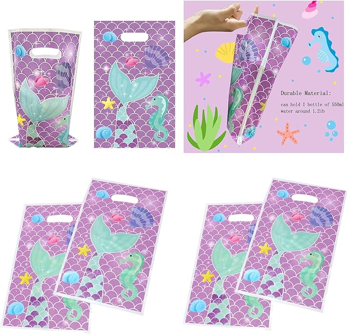 YYaaloa 30pcs Goodie Bags Party Favor Plastic Candy Gift Loot Bulk for Birthday Baby Shower Return Gift (Purple-Mermaid)
