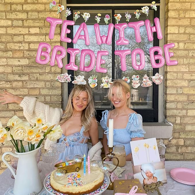 LaVenty Tea With Bride To Be Balloons Let's Par Tea Decorations Balloon Garland Arch Banner Floral Butterfly Teapot Banner for Bridal Shower Bachelorette Wedding Party