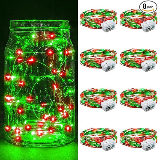 8 Pack Fairy Lights 7Ft 20 LED Twinkle String Lights 3 Modes Battery Operated Waterproof Firefly Starry for Mason Jar Party Wedding Christmas Valentines Day Table Centerpieces,Red&Green