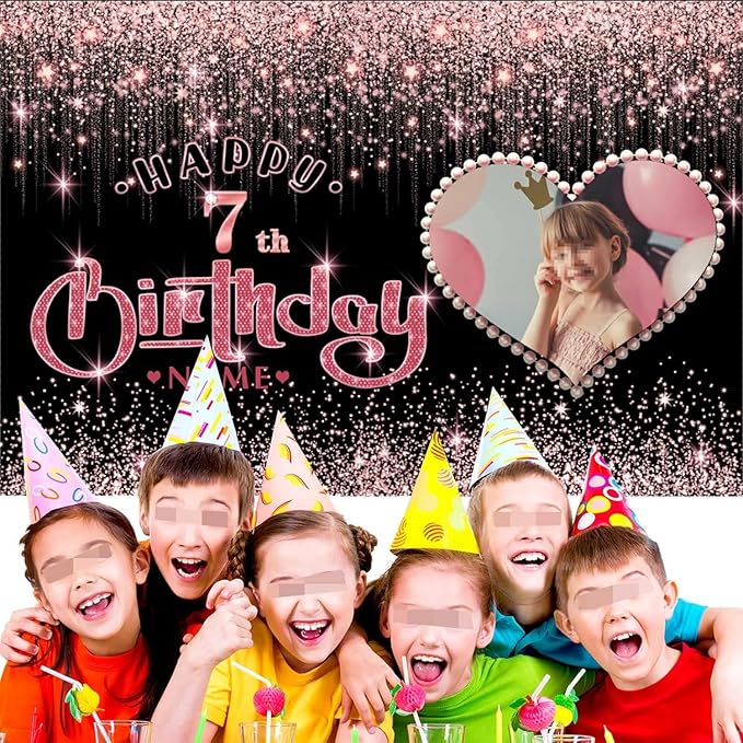 Dicodes Customizable Rose Gold Happy Birthday Decoration Banner - Personalization Large Sizes Photo Background - Supports Custom Photos and Names