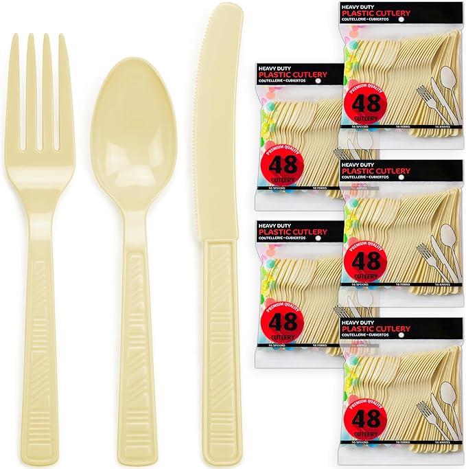 DecorRack Plastic Cutlery Set, Cream Colored Plastic Silverware Sets for Parties, 240 Piece Bulk Heavy Duty Utensils (Cream, 240 Pieces)