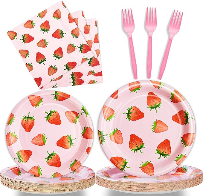 96 Pcs Strawberry Birthday Party Plates Napkins Forks Supplies Summer Fruit Tableware Set Disposable Strawberry Theme Decoration for Girls, Serves 24 Guests