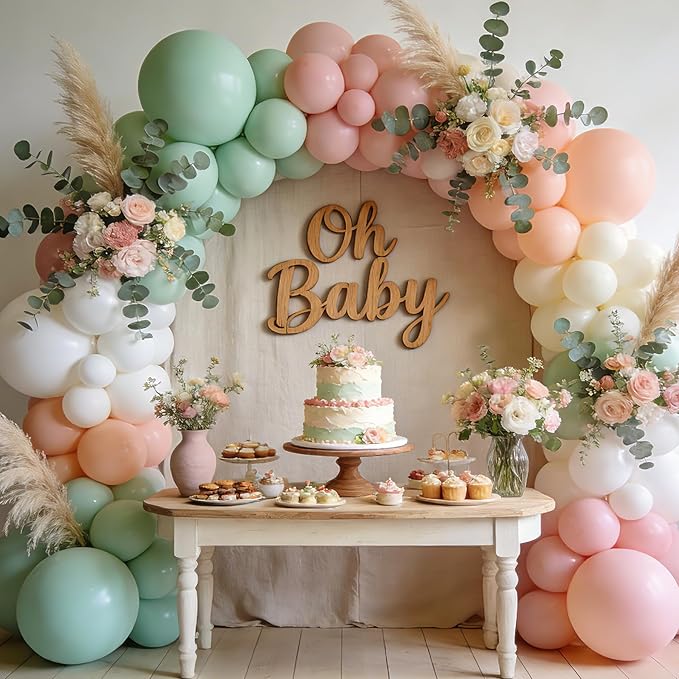Sage Green Pink Balloons,50Pcs 12 Inch Pastel Light Pink Dusty Sage Green Nude Sand White Boho Balloons for Baby Shower Birthday Bridal Shower Wedding Tea Party Decorations