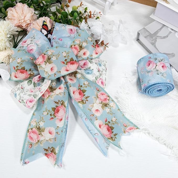 Spring Summer Watercolor Vintage Floral Wired Edge Ribbon, Pink Rose Summer Fabric Ribbon for Wreath, Bow Making, Gift Wrapping & DIY Crafts, 4 Rolls, 20 Yards (Blue-Pink)