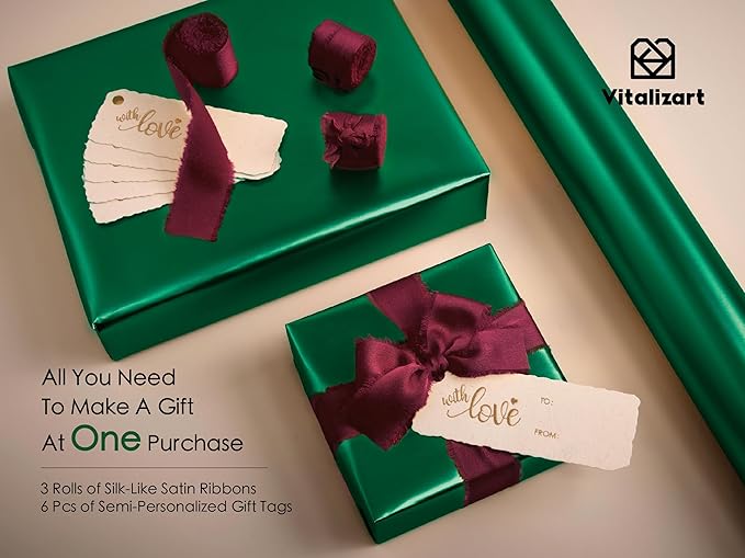 Vitalizart Green Matte Metallic Wrapping Paper Set 17" With Red Silk Like Satin Ribbon & Gift Tags Recyclable Christmas Gift Wrapping Birthday Baby Shower Wedding Handmade Crafts 197"(16.4 Ft)