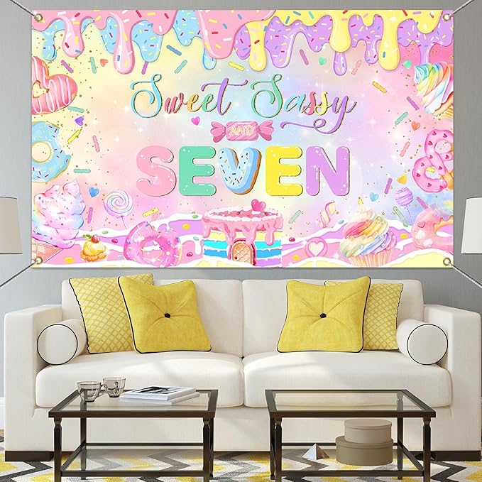 Mocsicka Donut 7th Birthday Banner Backdrop Sweet Sassy and Seven Birthday Party Decorations Banner for Girls Seven Birthday Party Banner for Phogography (Pink, 70.8x43.3 inch)