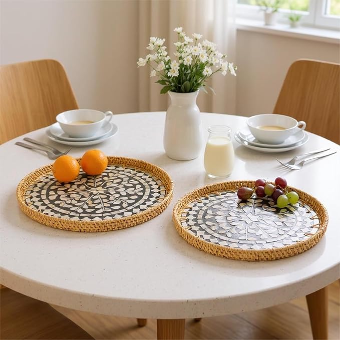 Round Rattan Tray with Mother of Pearl Inlay, Handwoven Wicker Coffee Table Serving Basket Tray for Fruit Snack Party Picnic Cafe Bedroom Kitchen Home Decor Set of 2 (Black Willow)