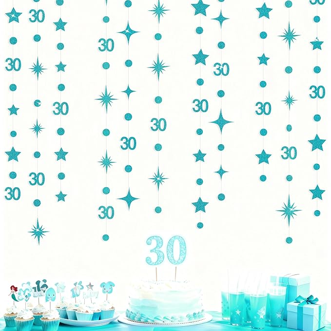 Teal Blue 30th Birthday Decorations Number 30 Circle Dot Star Garland Glitter Streamer Banner Backdrop for Women Men Dirty Thirty Cheers to 30 Years Old Birthday 30th Anniversary Party Supplies