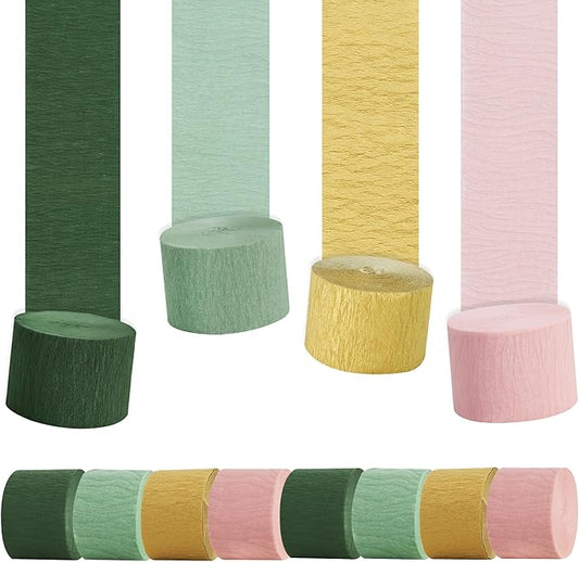 BEISHIDA 8 Rolls Green Gold and Pink Crepe Paper Streamers for Boho Theme Baby Shower Party Decorations Wedding Birthday DIY Craft Paper(1.8 Inch x 82 Ft/Roll)