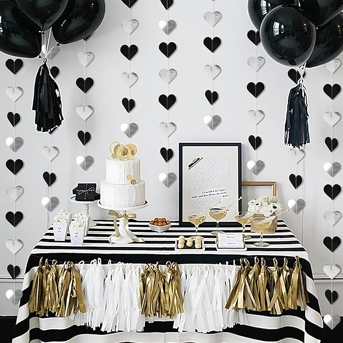 40Ft Black White Silver Heart Valentines Day Garland Hanging Streamer Decor for Bachelorette, Graduation, Black History Month Birthday Party Black Silver Wedding Party Decor
