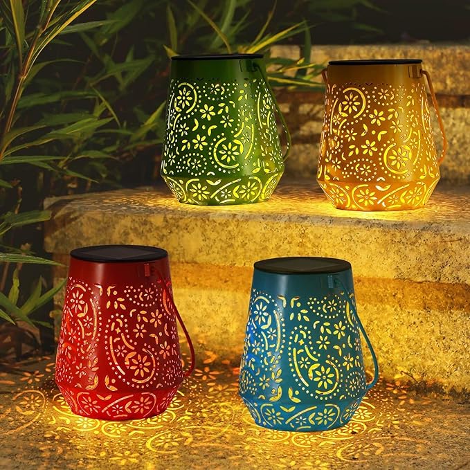 Solar Lanterns 4 Pack Outdoor Waterproof Solar Lights, Mothers Day Gifts for Women Garden Decor LED Hanging Solar Powered Decorative Lantern with Handle for Outside Patio Yard Table Fence