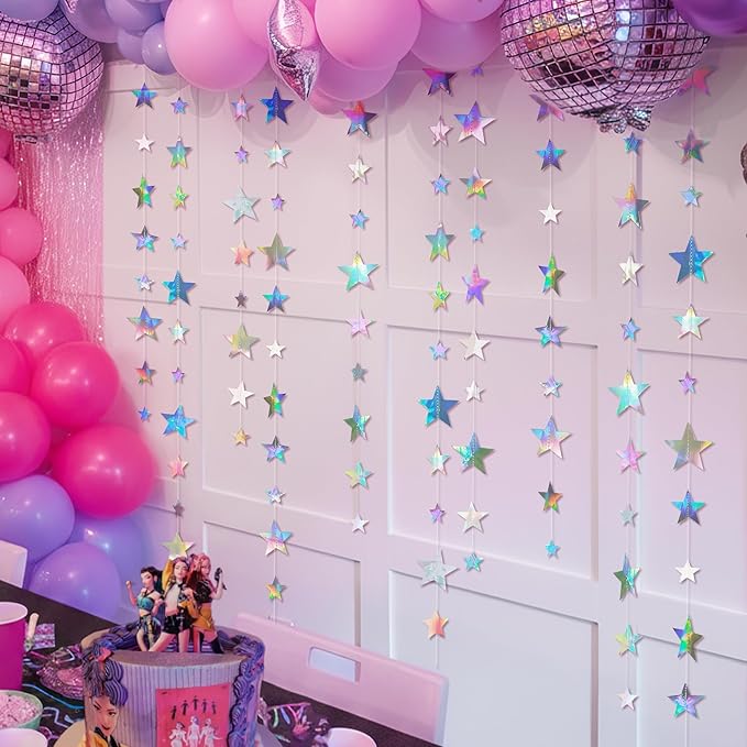 Cheerland 156ft Iridescent Star Garlands Space Party Decorations Hanging Stars Decoration Holographic Streamer Banner Backdrop Graduation Disco Galaxy Moon Euphoria Birthday Party Garland Star Decor