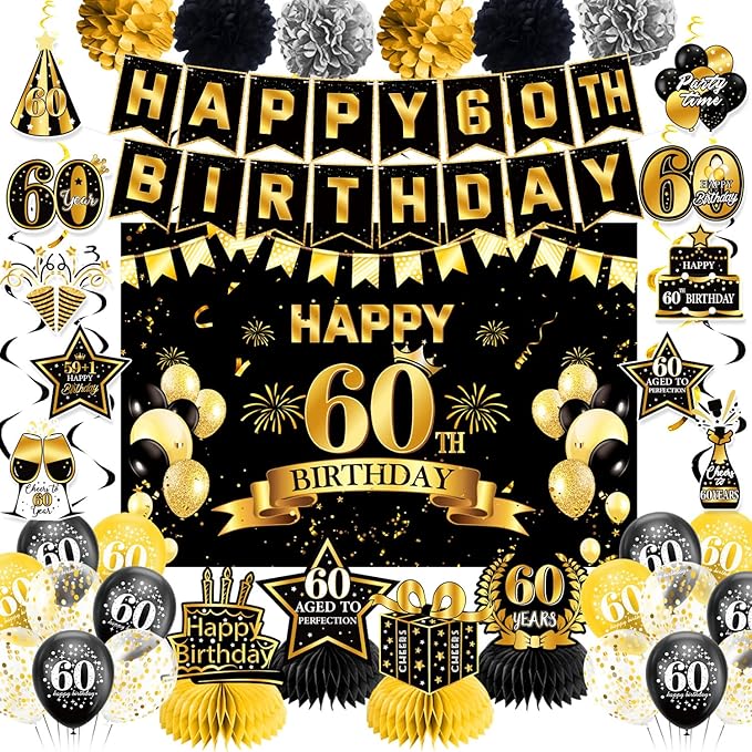60th Birthday Decorations, Pre-Strung Happy Birthday Banner with Balloons, Backdrop, Honeycomb Centerpieces, Hanging Swirl Streamers, Black Gold Happy Birthday Party Decorations for Men Women