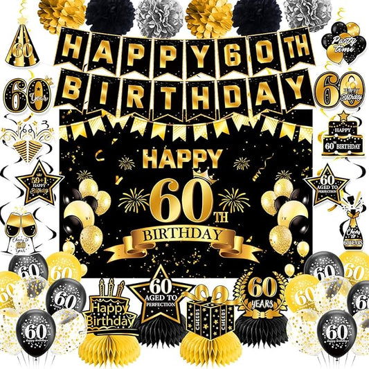 60th Birthday Decorations, Pre-Strung Happy Birthday Banner with Balloons, Backdrop, Honeycomb Centerpieces, Hanging Swirl Streamers, Black Gold Happy Birthday Party Decorations for Men Women