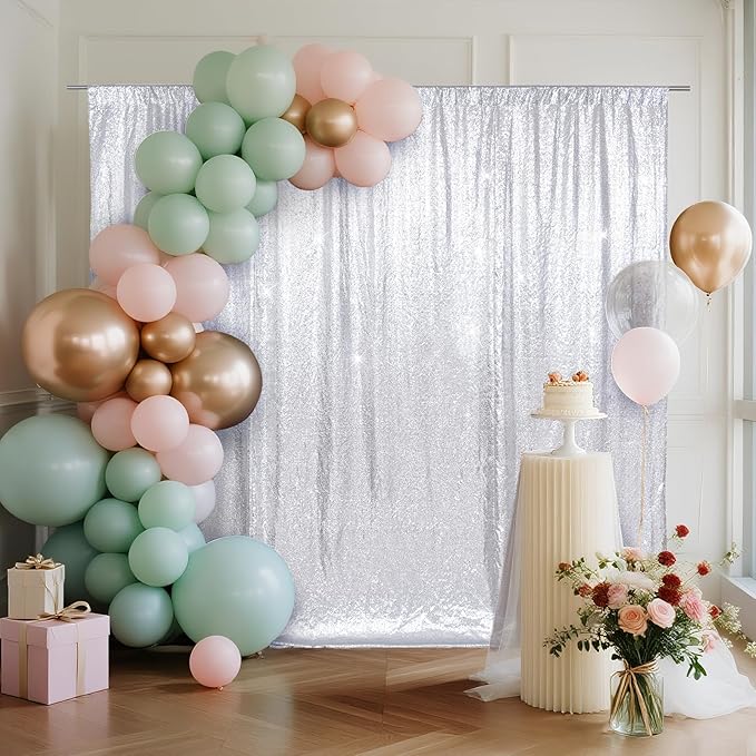 SquarePie 4x7ft Silver Sequin Backdrop for Photography, Satin-Backed Real Sequin Curtain, Enhanced Coverage Shimmering Background with 4" Rod Pocket for Wedding, Birthday, Party Decor, 1 Panel