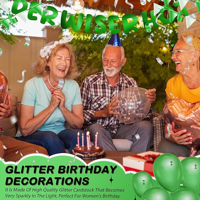 Fulmoon Set of 3 Pre Strung Older Wiser Hotter Glitter Banner Funny Birthday Banner for Women 30th 40th 50th 60th 70th 80th Birthday Party Decorations Sign Gift(Bright Green)