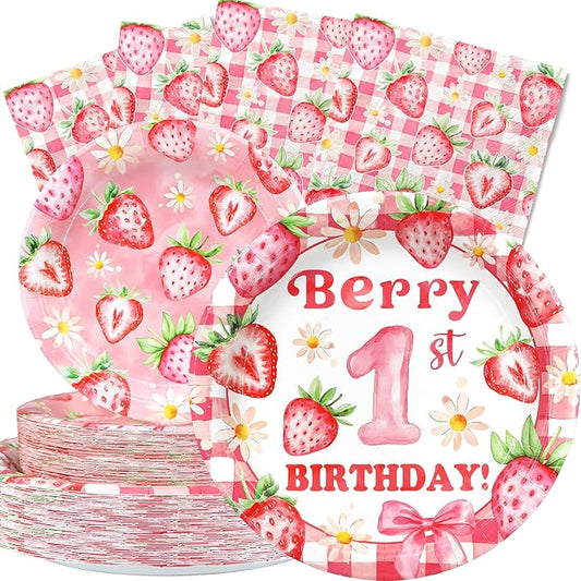 Berry First Birthday Party Supplies for 40 Guests – Strawberry Plates and Napkins– Girls 1st Birthday Disposable Tableware Set
