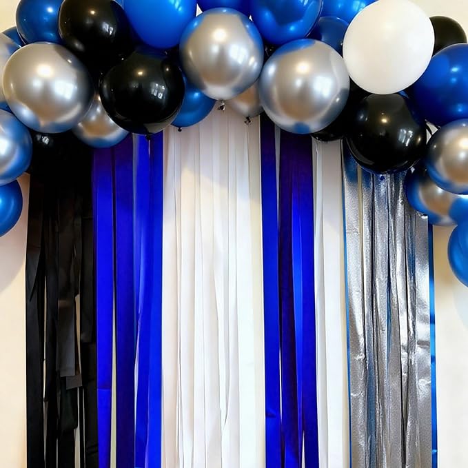 BEISHIDA 8 Rolls Blue Black Silver White Streamers Crepe Paper Streamers for Graduation Party Decorations Men Birthday DIY Craft Paper(1.8 Inch x 82 Ft/Roll)