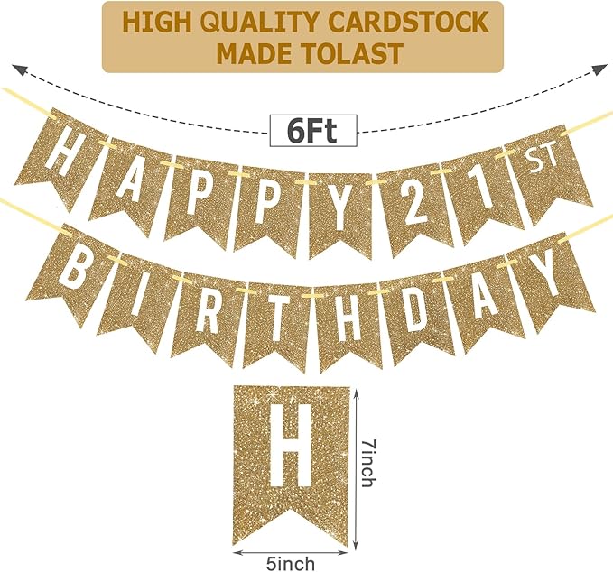 Netnology Pre-Strung Gold Happy 21st Birthday Banner Decorations,12 ft No DIY Gold Glitter 21st Birthday Party Banner Sign Decor for Women Men Girl Boy Party Supplies