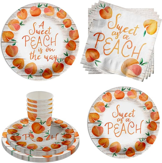 Birthday Galore A Sweet Peach is on the Way Baby Shower Party Supplies - 64 Piece Peach Baby Shower Tableware Set Includes Large 9" Dinner Plates and 8" Dessert Paper Plates Napkins Cups - Kit for 16