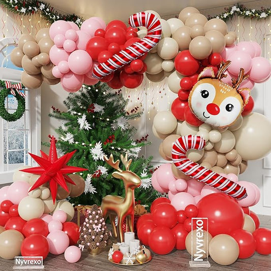 144Pcs Merry Christmas Reindeer Balloon Garland Arch Kit, Red Pink Brown Latex Balloons and Moose Elk Deer and Candy Cane Foil Balloons for Christmas New Year Winter Birthday Party Decorations