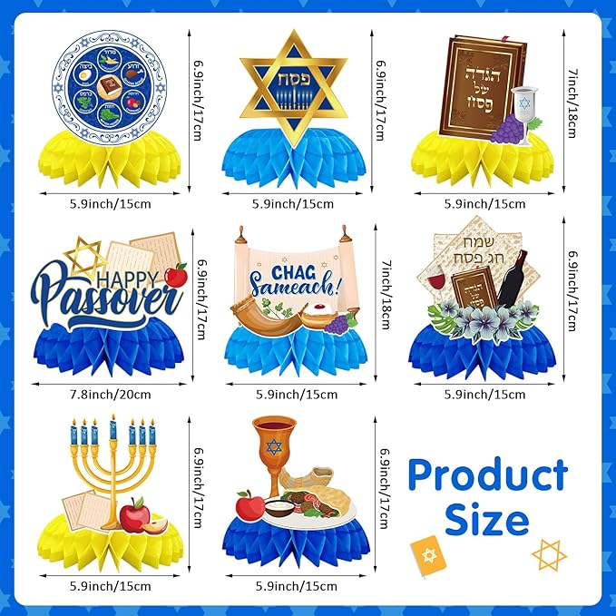 JULMELON 8 Pcs Passover Table Decorations, 3D Double Sided Passover Honeycomb Centerpieces Jewish Festival Decorations for Home Table Decor Supplies Holiday Party