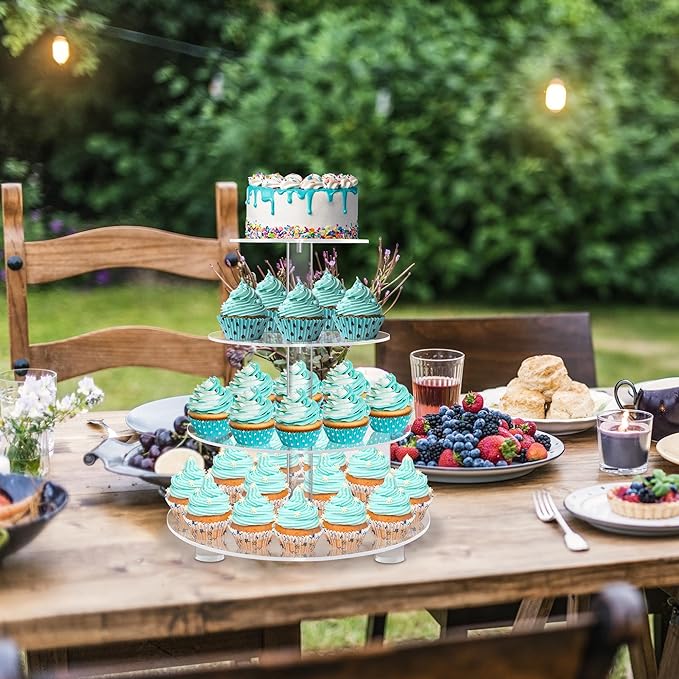 YestBuy 4 Tier Round Acrylic Cupcake Stand with Base, Premium Cupcake Holder, Acrylic Cupcake Tower Display Cady Bar Party Décor – Display for Pastry (4" Between 2 Layers with Base)