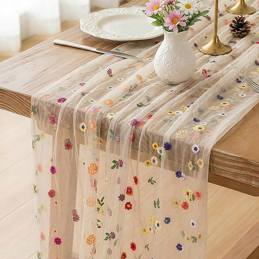 FEXIA Spring Table Runner 10FT Floral Gauze Mesh Garden Tea Party Decorations Romantic Dining Table Decoration for Easter, Weddings, Birthday Valentine’s Day Living Room Styling Home Decor