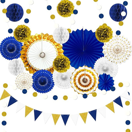 Navy Blue and Gold Graduation Party Decorations 23pcs Navy White and Gold Baby Shower Boy Birthday Decor for Kids Man with Hanging Paper Fans, Pom Poms Flowers, Garland String Polka Dot Packs